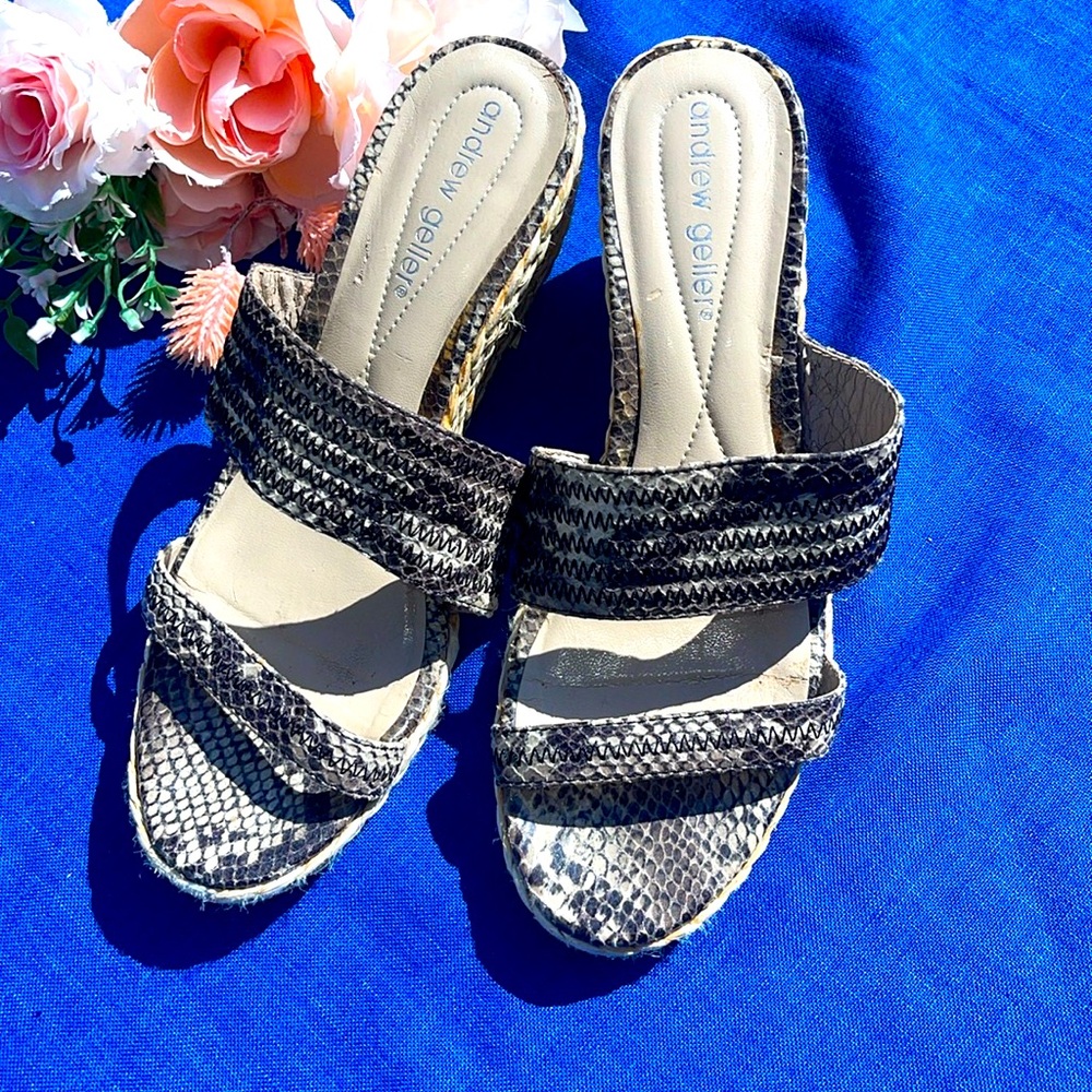 Andrew Geller gold straw snakeskin look strappy espadrille wedge heel sandals